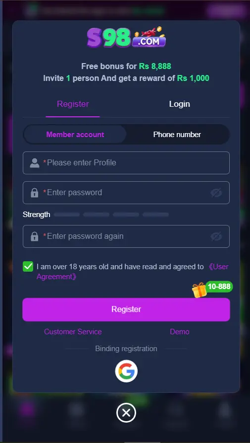 S98 Game Apk Login and Register