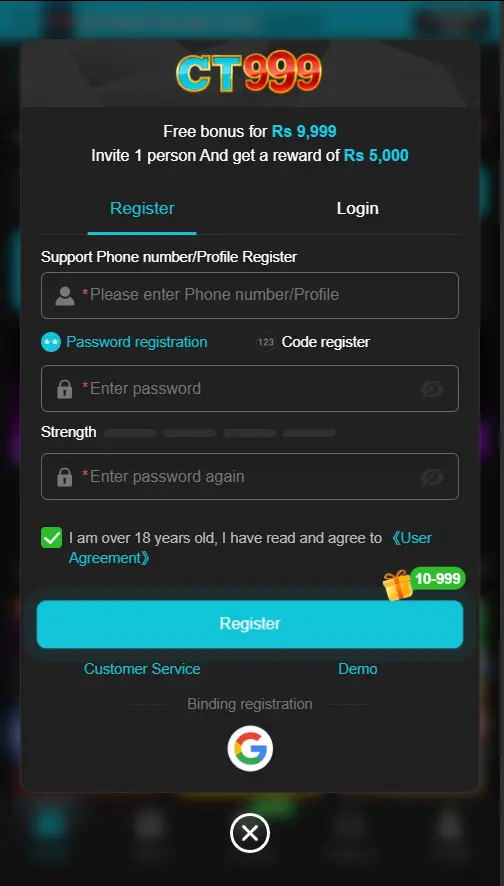 CT999 Game Register or Login